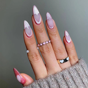 24 Uds Rosa almendra francesa cubierta completa uñas postizas arco Simple corazón brillante diseño Día de San Valentín prensa en las uñas para amante - Product Image 1