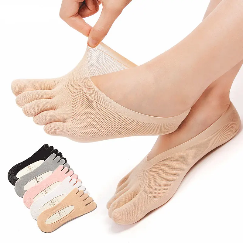 Verão confortável malha anti derrapante liso curto não mostra algodão malha separando 5 dedo do pé meias