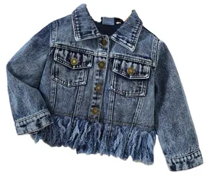 Hippie mantel baju anak perempuan, jaket jins Denim potongan rumbai, jaket Luaran untuk anak perempuan