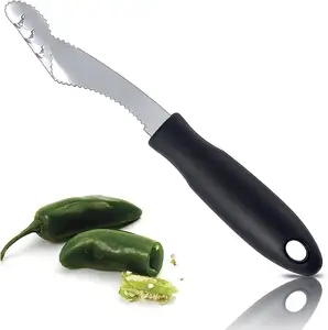 Pepper Seed Corer Remover, Stainless Steel Chili Corer Remover with Serrated Slice and Rubber Handle