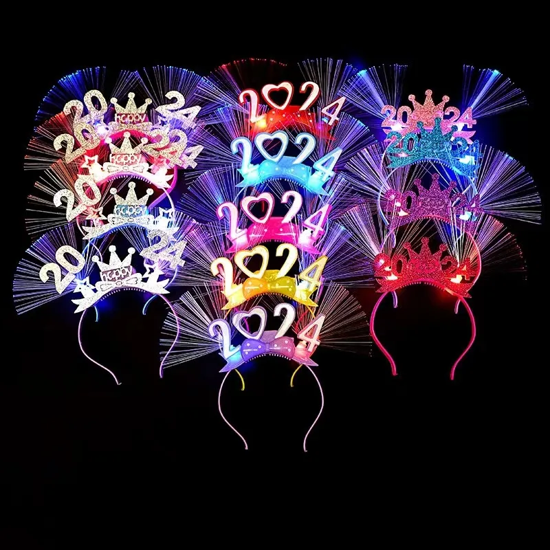 Vendita calda nuovo LED 2024 Flash fascia per capelli corona fascia per capelli in fibra ottica felice anno nuovo festa di natale per bomboniere