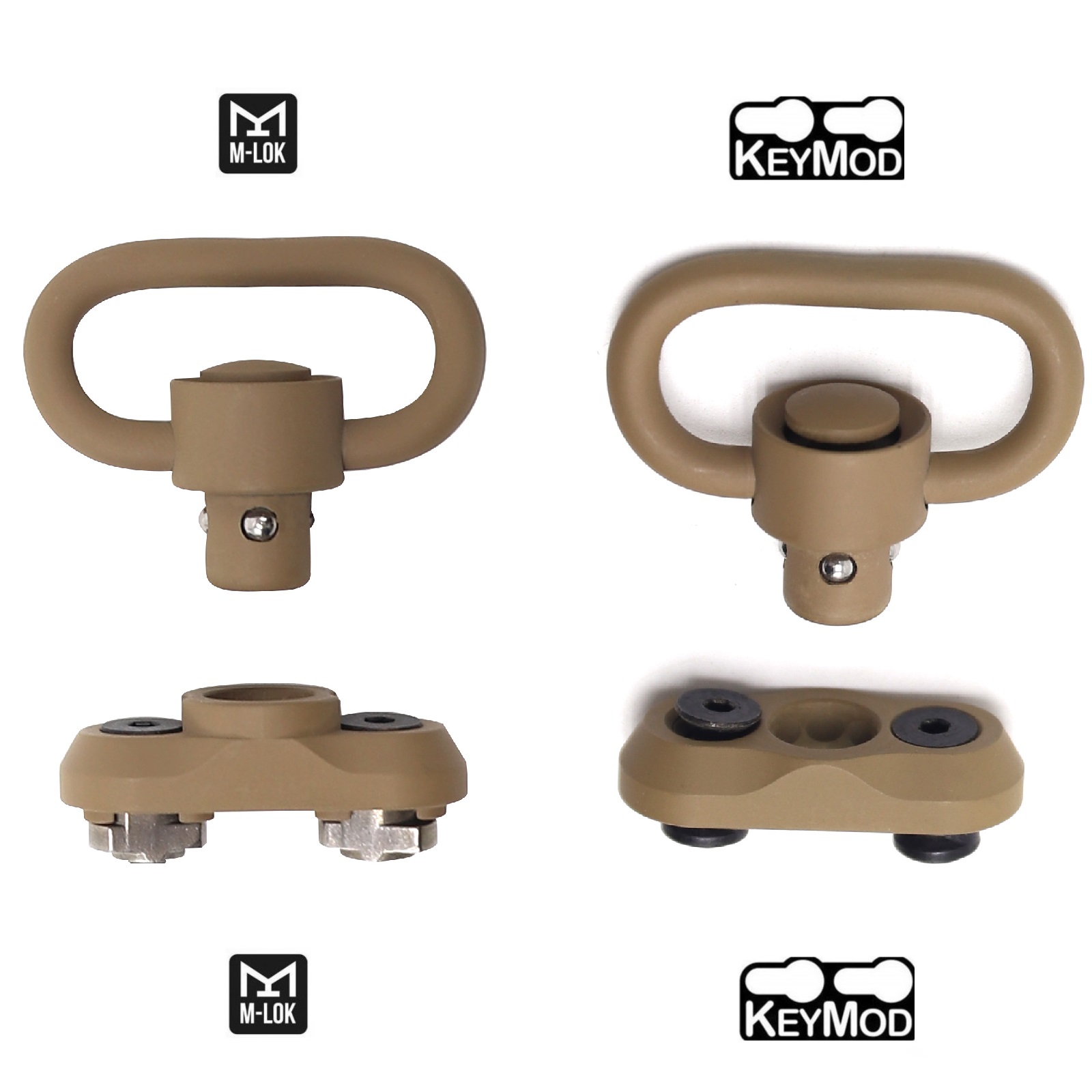 Trirock optional Keymod/M-LOK TAN/FDE  Push Button QD 1.25" sling swivel Base Mount or with Clever Hole for Snap Clip Hook