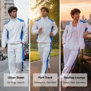 Ensemble de survêtement pour <span class=keywords><strong>homme</strong></span> <span class=keywords><strong>en</strong></span> tissu performant, avec empiècements contrastants, col montant, fermeture éclair intégrale, respirant, léger, pour entraînement sportif, logo personnalisé - Product Image 3