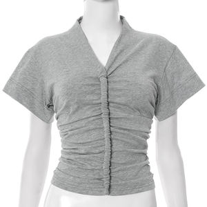 Viviblook Q25TP186 T-shirt décontracté pour femme, nouveau, cintré à la taille, amincissant, col en V, couleur unie, manches courtes - Product Image 3