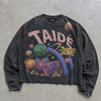 Layanan ODM TaiDe Sweatshirt Crop 320GSM Katun Acid Wash dengan Cetakan Grafis Planet 3D, Jahitan Raw Hem, Streetwear Pria, Buatan Khusus