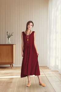 Robe longue en lin sans manches surdimensionnée pour femmes, robe d'été décontractée avec poches, fabricant de vêtements OEM ODM en marque privée - Product Image 5