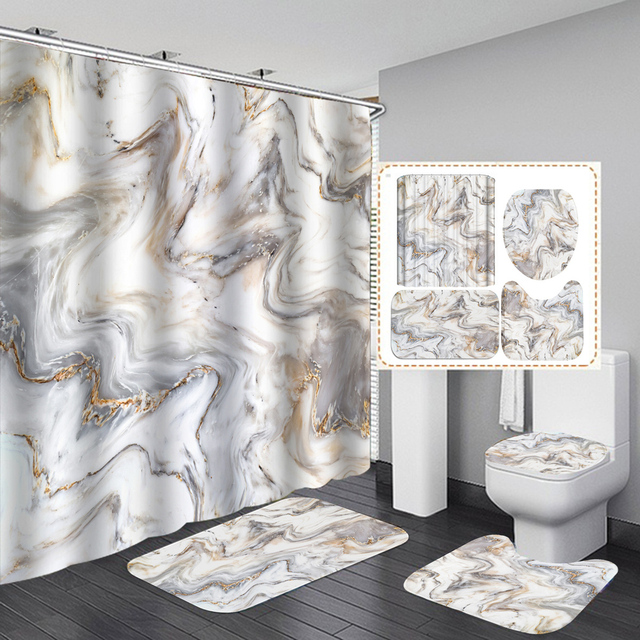 Luxury Shower Curtain Four Sets of Waterproof Marble Grain Non-slip Foot Mat Toilet Mat Bath Mat Accessories
