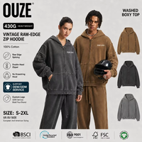 Sweat à capuche zippé pour homme 430 g/m² épais, avec empiècements à bords bruts multiples, style streetwear américain, teinture spéciale, effet vieilli vintage