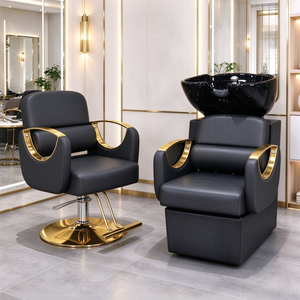 Juego de Muebles de Salón de Belleza de Lujo en Metal y Cuero, Silla de Barbería, Cama para Lavado de Cabello, Diseño Ergonómico, Rotación de 360 Grados - Product Image 6