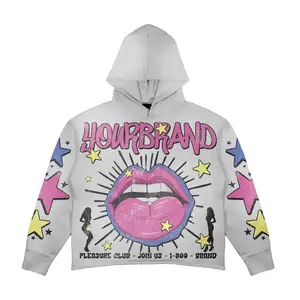 Individuelle hochwertige dicke übergroße zugeschnitten Baumwolle Streetwear versteckte Tasche geschnittene Kante Überall bedruckt Graphik Hoodie