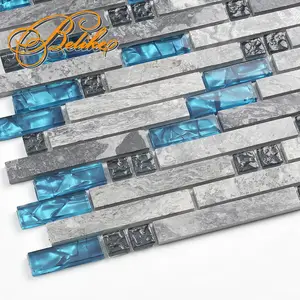 Persian Grey Marble Blue Laminated Glass Mosaic Tiles Wall Covering Back Splash Bathroom Home Decor Interior Featured Tile Stone