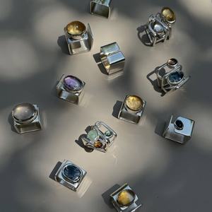 Unisex 316L Stainless Steel Geometric Gemstone Ring Open Band <b>Square</b> Setting Cabochon Stone <b>Adjustable</b> Minimalist Statement - Product Image 1