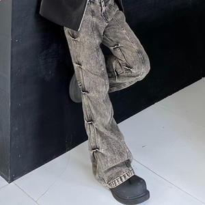 جينز رجالي جينز واسع جينز بأزرار لأسفل جينز مستقيمة فضفاضة بنمط الشارع دينم محبوك بساق متوسطة أمامي رمادي مغسول - Product Image 4