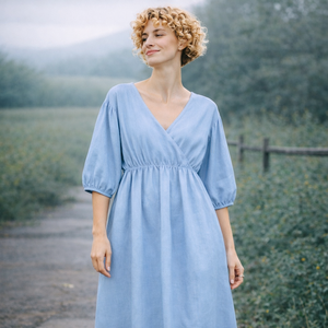 Fournisseur de haute qualité de robes décontractées, robe en lin bleu à col en V et manches bouffantes pour filles, robe élégante pour femmes - Product Image 3