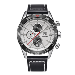 Reloj de cuarzo para hombre Benyar, cronógrafo analógico, resistente al agua hasta 30M, reloj de pulsera con correa de cuero negro BY-5106M - Product Image 4