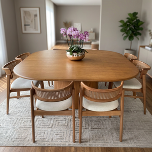 Ensemble de table à manger carrée arrondie en teck massif minimaliste moderne avec chaise en rotin, meubles pour la maison - Product Image 2