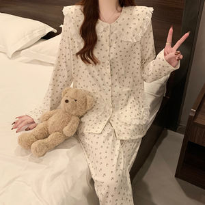 Primavera nuova moda stampa pantaloni lunghi a maniche lunghe pigiama di cotone nuvola da donna può essere indossato fuori dall'homewear - Product Image 4