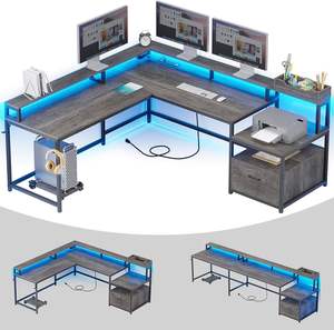 โต๊ะแฟ้มเอกสารลิ้นชักสำนักงานเต้าเสียบไฟฟ้ากรอบโลหะสำหรับเล่นเกมโต๊ะคอมพิวเตอร์โต๊ะเขียนหนังสือไม้โต๊ะทำงานสำนักงานรูปตัว L - Product Image 1