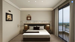 Ensemble de mobilier de chambre d'hôtel 3 étoiles moderne et économique : lit double avec têtes de lit rembourrées, tables de chevet, armoire et meuble TV - Product Image 2