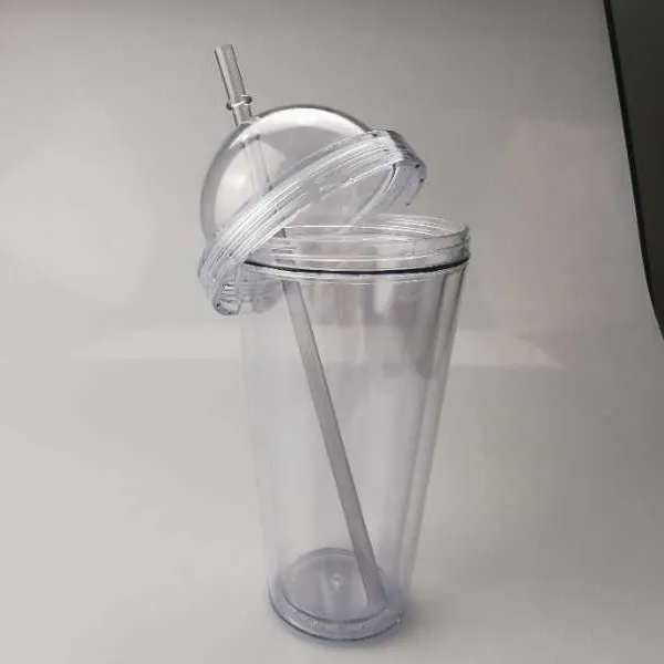 कस्टम 16/20OZ प्रिंट लोगो पुन: प्रयोज्य संक्षिप्त पानी की बोतल एक्रिलिक स्पष्ट दोहरी दीवार गिलास पुनश्च प्लास्टिक की पानी की कप गुंबद ढक्कन के साथ
