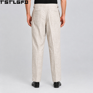 Pantalon en lin coupé-cousu pour homme, style Old Money, beige, taille haute, plissé italien, ajustement latéral, coupe fuselée, luxe discret, vente en gros - Product Image 4