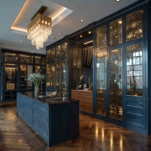 Armoire <span class=keywords><strong>de</strong></span> chambre à coucher moderne <span class=keywords><strong>de</strong></span> <span class=keywords><strong>luxe</strong></span> bleu marine VSME avec portes battantes, grande îlot-garde-robe intégré avec éclairage LED pour usage hôtelier - Product Image 1