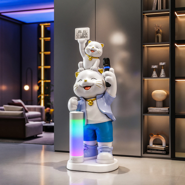 Family Fortune Cat Resin Figurine Bluetooth Speaker Microphone Temperature Humidity Display for Living Room Entryway Bedroom