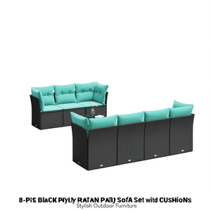 Ensemble de canapés de patio en polyrotin noir, 8 pièces avec coussins, mobilier d'extérieur moderne - Product Image 1