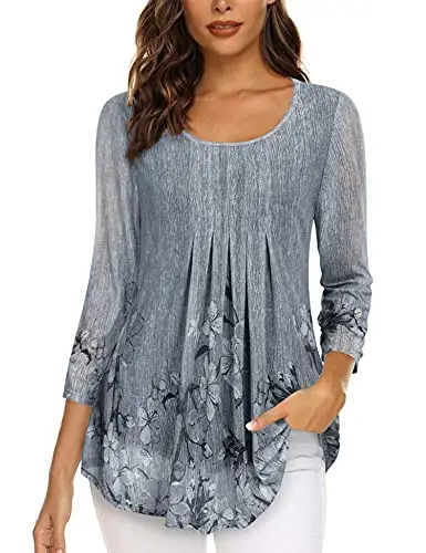 Timeson Women's Casual 3/4 Sleeve Tunic Tops Floral Double Layers Blouses Loose Fit Pleated Mesh Shirts