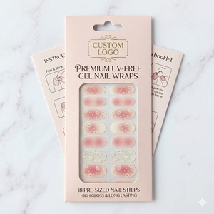 Tiras de Uñas de Gel Sin UV, Diseño <span class=keywords><strong>Sakura</strong></span> Rosa Degradado con Margaritas, Estilo Coreano, Calidad de Salón, Precuradas - Product Image 1