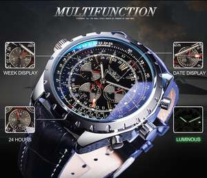 Orologio da Polso Jaragar Automatico Sportivo da Uomo Stile Pilota Meccanico a Carica Automatica con Cinturino in Pelle Nera e Quadrante in Vetro di Moda Maschile - Product Image 3