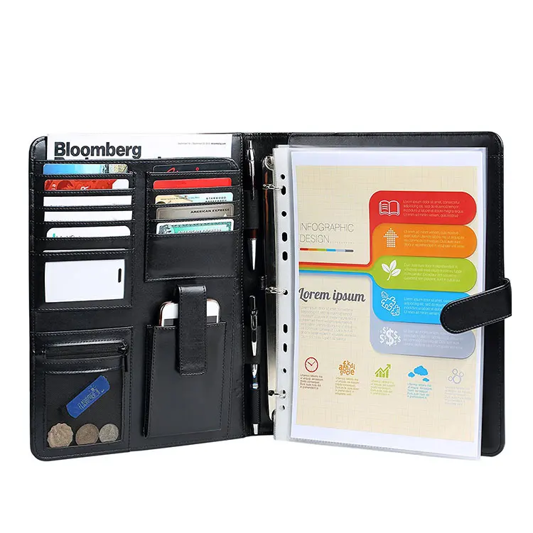 Aangepaste Lederen Office Black A4 Portfolio Portfolio Met Ringband Bestandsmap