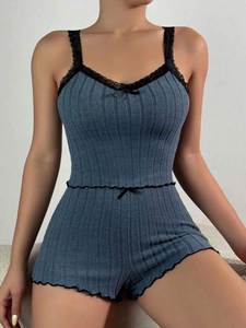 New Summer Casual Women's Satin Sleepwear Shorts with Lace Edge Strap Breathable Comfortable Home <b>Clothes</b> - Product Image 5