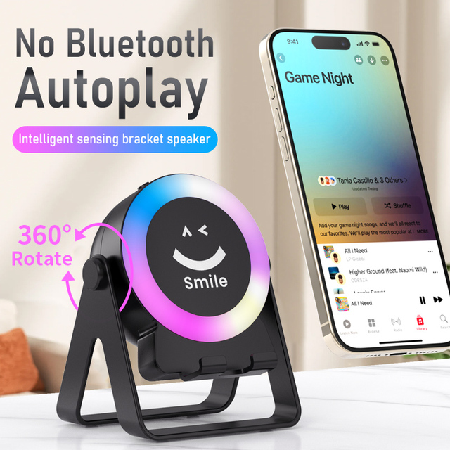 New Wireless 5.3 Induction Stereo Mobile Phone Holder Built-in Portable Desktop Mini Speaker RGB LED 500mAh 5W Memory Card ZF18