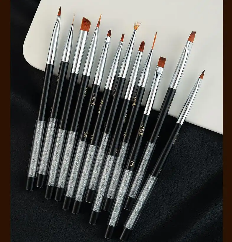 2021 популярный набор для нейл-арта с черными бриллиантами и акриловой ручкой, серия кристаллов для нейл-арта, набор Плоских кистей для полировки ногтей, тонкая кисть для лайнера