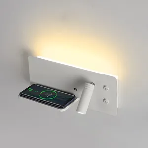 Multifuncional Interior LED Wall Lamp com USB sem fio telefone carregamento interruptor cabeceira Sconce leitura Wall Light