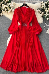 Abito Casual con scollo a V da donna manica a lanterna a vita alta abito <span class=keywords><strong>Midi</strong></span> a-line da donna abiti <span class=keywords><strong>eleganti</strong></span> <span class=keywords><strong>vestiti</strong></span> donna all'ingrosso - Product Image 6