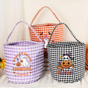 Personalizado Halloween Gingham Decoración Candy Basket Tote Plaid Cubo Bolso de lona para niños Trick Treat Party Regalos de Halloween - Product Image 1