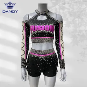 Girls Sparkle Rhinestones Competition Cheer Uniform Youth Cheerleading Outfits Girls Crop Top And Shorts