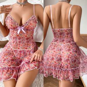 H3986 Primavera Verano 2025 Nueva Camisola Sexy de Malla con Estampado Floral, Camisón Transparente con Volantes, Pijama para Mujer - Product Image 4