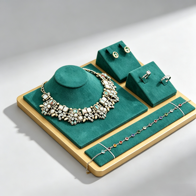 Wholesale Green Velvet Golden Edge Jewelry Display Combo Stand, Earring Ring Necklace Combo Holder for Jewelry Counter Showcase