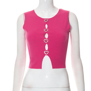Camiseta <span class=keywords><strong>sin</strong></span> <span class=keywords><strong>mangas</strong></span> de estilo americano para mujer, Top corto informal Y2K, color rosa y rojo, 2023 - Product Image 3