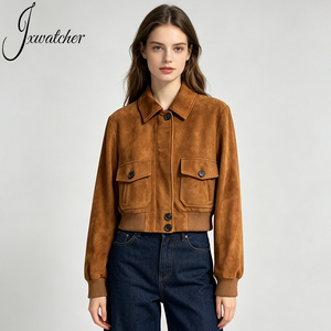 Jxwatcher Autumn Real <strong>Suede</strong> Sheepskin Coat Bomber Zipper Long Sleeves Warm Windproof Custom Dark Brown Leather <strong>Jacket</strong> for <strong>Women</strong> - Product Image 1