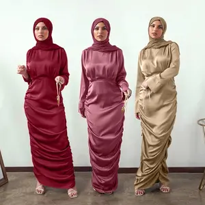 Hot Sale Pleated Satin Kaftan Muslim Dress Elegant Pure Color Long Islamic Abaya Women Modest Wear Clothing EID Robes
