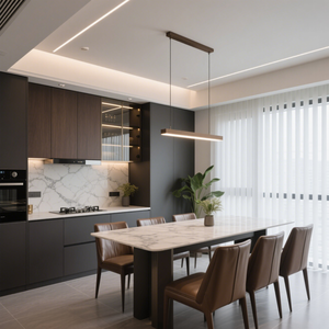 Aparatos eléctricos integrados y gabinetes de vidrio con tiras de luz emparejadas con encimeras de mármol Aparador gris - Product Image 5