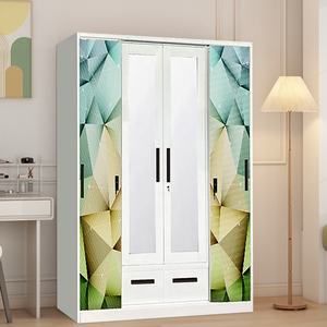 Lemari Pakaian Modern Baja Bermotif <span class=keywords><strong>4</strong></span> Pintu 2 Cermin 2 Laci dengan Gantungan Baju untuk Pengatur Kamar Tidur - Product Image 1