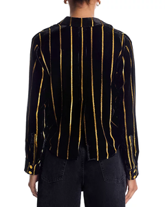 Chemise en velours <span class=keywords><strong>noir</strong></span> de luxe pour femmes, à rayures dorées en lurex, boutonnée, courte, pour soirée décontractée ou cocktail - Product Image 2