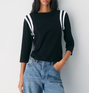 T-shirt da <span class=keywords><strong>donna</strong></span> <span class=keywords><strong>a</strong></span> maniche <span class=keywords><strong>a</strong></span> 3/4 girocollo, casual sportiva, nera con strisce <span class=keywords><strong>a</strong></span> contrasto <span class=keywords><strong>bianche</strong></span> sulle spalle, trendy, morbida per tutti i giorni - Product Image 1