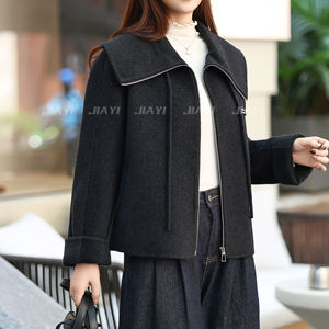 Manteau court en laine double face personnalisé pour femmes avec décoration à grand col tournant et fermeture éclair <span class=keywords><strong>Veste</strong></span> d'hiver teinte unie à double boutonnage - Product Image 3