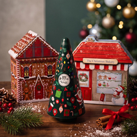 Boîte à biscuits en métal en forme de maison avec doublure en contreplaqué, matériaux recyclés, design en relief, logo personnalisé pour emballage cadeau de Noël